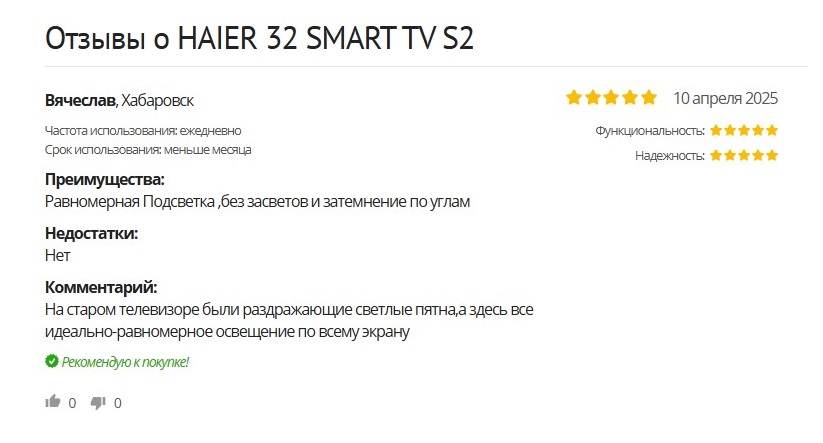 Отзывы о HAIER 32 SMART TV S2